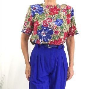 VINTAGE 100% SILK BLOUSE TOP FLORAL PRINT